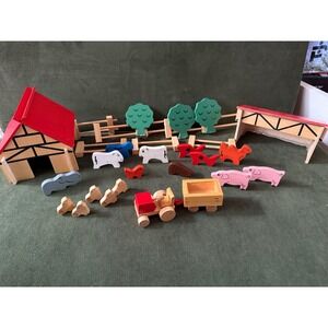 Wooden Farm‎ Set Toy Barn Animals Tractor Montessori Kids Play Pretend